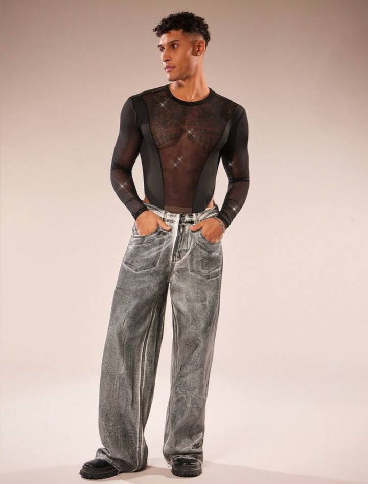 Men's Round Neck Long Sleeve Mesh Patchwork Sheer Bodysuit